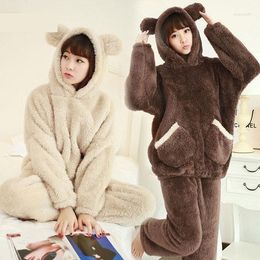 Women's Sleepwear Winter Plush Pajamas Women Hooded Pullover Solid Color Long-sleeved Two-piece Home Leisure Warm Thickening Ladies Suit