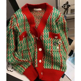 Women's Knits Tees Leisure V Neck Green Red Splicing Clothing Sweater Vintage Outerwear Singlebreasted Winter Cardigan Knitting Tops 230317