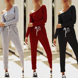 Women's Jumpsuits & Rompers Casual Wear Jumpsuit For Women 2023 Long Sleeve Slash Neck One Shoulder Elastic Waist Bandage Solid StreetwearWo