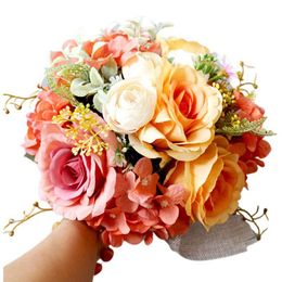 Wedding Flowers Beautiful Romantic Colourful Artificial Rose Flower Blossom Fake Bouquets With Linen Cloth Wrapped Home Party