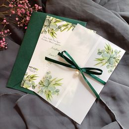 Greeting Cards 10X Eucalyptus Vellum Wedding Invitations With Green Envelope Transparent Cards For Bridal Shower Birthday Party 230317