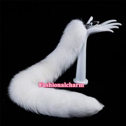 70cm 27 5 - Real Genuine White Fox Fur Tail Plug Metal Stainless Anal Butt Plug Insert Sexy Stopper Cosplay Toy191z