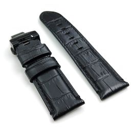 24mm Black Crocodile Grain Calf Leather Band 22mm Folding Deployment Clasp Strap Fit For PAM PAM111 Watch