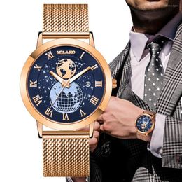 Wristwatches S Brands Creative Men's Quartz Watches Map Roman Calendar Numbers Design Watch Leisure Rose Gold Metal Mesh Belts Male