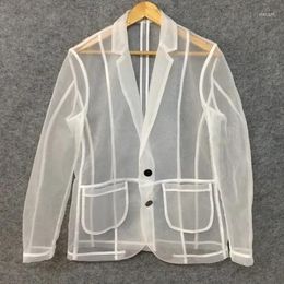 Men's Suits Yarn Net Mesh Long Sleeve Sunscreen Sunproof Man Chic Fashion Blazer See Through Sheer Transparent Coat Stage Show DJ Club Dance