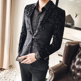 Men's Suits & Blazers Black Velvet Blazer Men Male Suit Jacket Casual Business Flower Pattern Luxury Stylish For Party Wedding