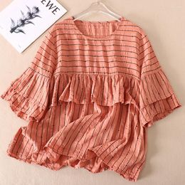 Women's Blouses Ruffle Top Striped Blouse Oversized Shirt Korean Linen Clothes Women Lolita Loose Summer Autumn Tops Blusas Mujer De Moda