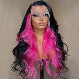 Free Part Black Highligh Pink Frontal Wig Body Wave Heat Resistant Fibre Hair Synthetic Lace Front Wigs 230317