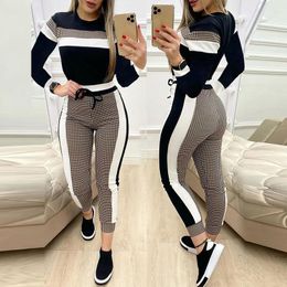 Women's Tracksuits Fashion Patchwork Two Pieces Sets Women Suits Round Collar Sweatshirt Lace-up Pencil Trousers Autumn Summer Lady Outfits