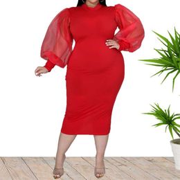 Plus Size Dresses New Round Neck Slim Puff Sleeve Women Midi Dress Fashion Mesh Patchwork Solid Colour Elegant Evening Wholesale 230307