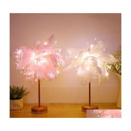 2016 Night Lights Led Feather Shade Table Desk Lamp Atmosphere Light Christmas Decor Soft Pink Bedroom Study Room Drop Delivery Lighting I Dhwja
