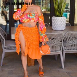 Two Piece Dress Summer Beach Style Set Women Fashion Sexy Printed Off The Shoulder Tube Top Fold Laceup Slit Skirt 2 Suit 230317