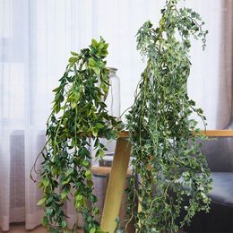 Decorative Flowers 110cm Long Artificial Eucalyptus Leafs Rattan Plastic Wall Hanging Plants White Rose Vine Fake Tree Branch For Home