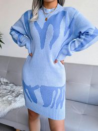 Casual Dresses Kalevest Y2K Streetwear Women Rave Outfits Knitted Short Blue Bodycon Dress Long Sleeve 2023