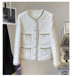 Spring Round Neck Tweed Panelled Jacket White Solid Colour Long Sleeve Single-Breasted Buttons Jackets Coat Short Outwear 22G186107
