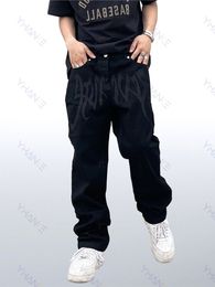 Mens Jeans Four Seasons Y2K Emo Fashion Black Street Embroidery Low Cut Loose Straight Pants Hip Hop Clothes 230317