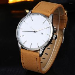 Wristwatches Minimalism Men's Watches Men Sport Big Brown Leather Band Quartz No Logo Erkek Kol Saati Reloj Hombre