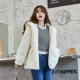 Women's Fur & Faux 2023 Fashion Plush Coat Winter Imitation Loose Hooded Thickened Female Long Sleeve Zipper Fluffy Jacket M56
