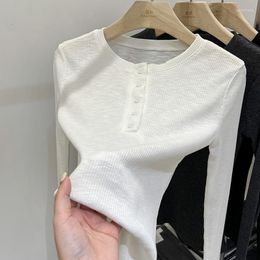 Women's T Shirts Screw Thread Long-sleeve Skinny Basic T-shirt Women Spring Button Round Neck Knitted Bottoming Tees Tops Slim Female