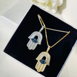 Chains Wholesale Arrive Turkish Hamsa Hand Pendant For Women Iced Out Bling Fashion Clear Blue Cubic Zirconia Box Chain Necklace