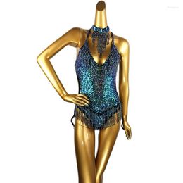 Stage Wear Sexy Women Beading Bodysuit Sequin Swimsuit Latin Belly Dance Costume Dancer One-Piece Outfit Performance Blue