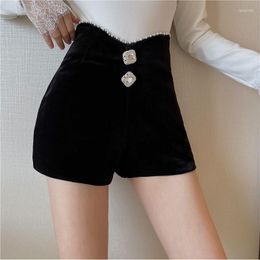 Women's Shorts Velvet Black 2023 Autumn Winter Loose Slimming Rhinestone Casual Hip Women Straight Short Pants Booty