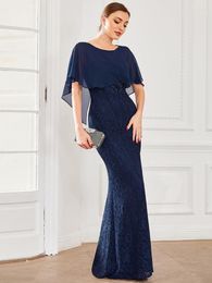Party Dresses Elegant Evening Fishtail Ruffles Sleeves O-Neck Floor-Length 2023 Ever Pretty Of Lace Navy Blue Bridesmaid
