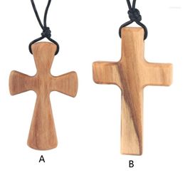 Pendant Necklaces Hand-carved Tapered Wood Cross-shape Necklace Long Leather Rope Adjustable Olive For Boys Girls Men Women