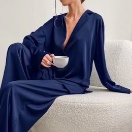 Womens Two Piece Pants Autumn Winter Satin Silk Sleepwear Elegant Women Loose Long Sleeve Low Cut Sexy Pajamas Female Tracksuit Sets 230317