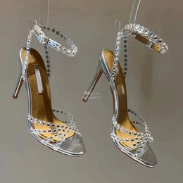 Top Quality 23S/S Aquazzura Shoes Tequila Sandals 100 Sparkling Party Italy Clear Pvc Crystals Stiletto Heel Wedding Brid 35-43