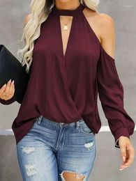 Women's T Shirts Fashion Woman Blouses 2023 Sexy Hollow Out Cold Shoulder Halter Long Sleeve Tops Drape Ruched Front Loose Fit