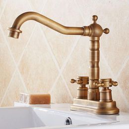 Bathroom Sink Faucets Antique Brass 2 Hole Deck Mounted Dual Handle Faucet Swivel Spout Washbasin Mixer Vessel Taps Lnf426