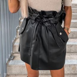 Skirts Fashion Party Wrapped Women Solid Colour Ruched High Waist PU Mini Skirt With Belt Autumn Spring Summer Bottoms