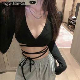 Women's Tanks Camis Women Crop Top Summer Long Sleeve Corset Y2k Tops Korean Tanktop Navel Tie Thin Black T-Shirt Ladies Boho Gothic Sexy Clothes 230317