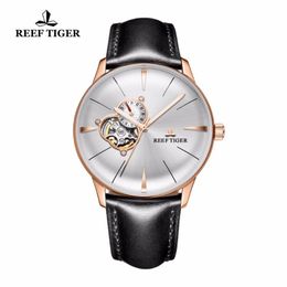 Wristwatches Reef Tiger/RT Luxury Casual Watches With Genuine Leather Strap Rose Gold Tourbillon Convex Lens RGA8239