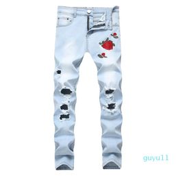 Men's Jeans Ripped With Embroidery Men Flowers Rose Embroidered Denim Stretch Skinny