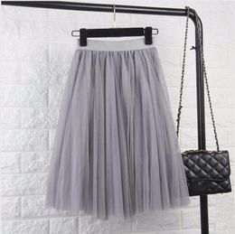 Skirts 2023 Fashion Layers Tulle Womens Black Grey White Adult Skirt Elastic High Waist Pleated Midi