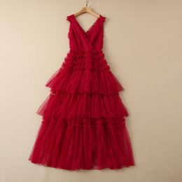 Spring V Neck Tulle Dress Solid Colour Tiered Red / Sleeveless Long Maxi Panelled Dresses 22G210040
