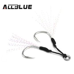 Fishing Hooks ALLBLUE 4pairs/lot Metal Jig Assist Hook With PE Line Feather Solid Ring Jigging Spoon Saltwater Fishhook for 5-80g Lure P230317