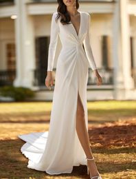 Sexy Boho Wedding Dress 2023 Long Sleeve V-neck One Shoulder Buttons Split Soft Satin Bridal Party Gowns Robe De Mariage Women Custom Made