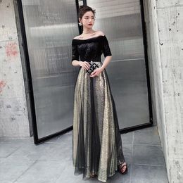 Ethnic Clothing Off Shoulder Noble Black Cheongsam Starry Sky Gradual Change Sexy Evening Party Dress Formal Women Full Length Prom Gown