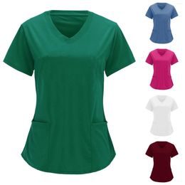 Women's T Shirts Nurses Workwears Tops V-Neck Solid Color Short Sleeved Summer Nursing Clothing For Women Pocket Blouse Fashion Women'S