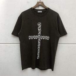 Men's T Shirts Fashion T-shirt Men Women High Quality Skull Cross Print Cotton Short Sleeve Vintage Hole Opening Wear Design Hip Hop