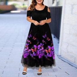 Party Dresses Plus Size Evening Dress Purple Butterflies Print Off Shouder Women Short Sleeve Large Hem Boho Formal