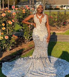 Plus Size Silver Black Girls Prom Dress 2023 With Crystal Nigeria African Mermaid Evening Gowns Sparkle Formal Party Birthday Robes De Soiree female Vestido Noche