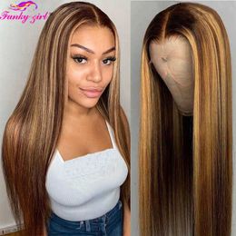 Synthetic Wigs Highlight Wig Straight Human Hair s 4/27 Ombre Honey Blonde Coloured t Part Lace for Women 180% Density Brazilian Remy 230227