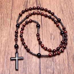 Pendant Necklaces Natural Stone Red Tiger Eye Onyx Catholic Christ Rosary With Hematite Cross Necklace For Men Women JewelryPendant