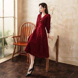 Ethnic Clothing Burgundy Chinese Oriental V-Neck Wedding Women Sexy Long Sleeve Cheongsam Evening Dress Elegant Princess Dresses Modern