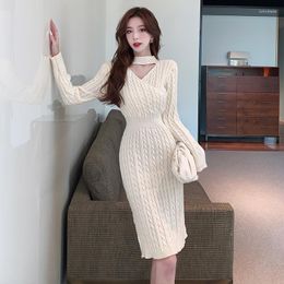 Casual Dresses Fashion Ladies Twist Knitted Sweater Dress Autumn Winter Women O Neck Solid Colour Thick Bodycon Slim Wait Split Bottoming