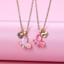 Chains Lovecryst 2Pcs/set Cartoon Insect Pink Butterfly Friend Necklace For Kids Girls Fashion Friendship Gifts
